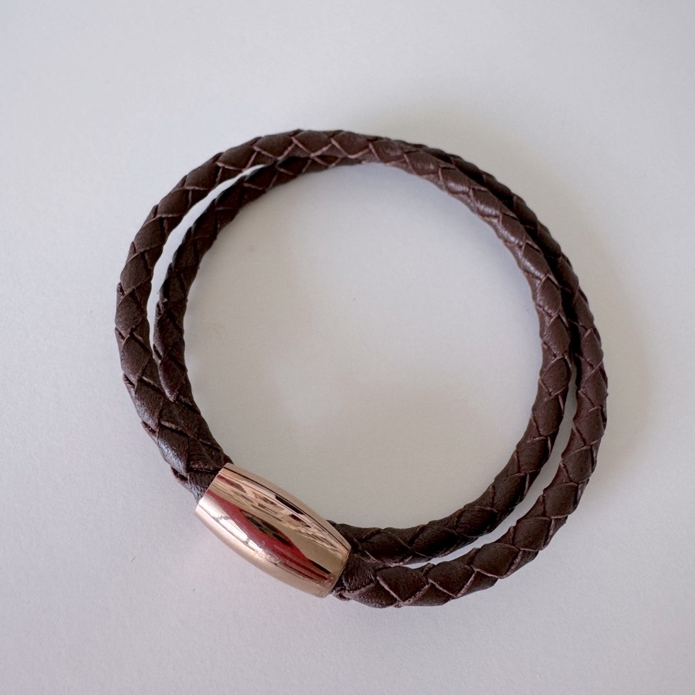 Double Wrap Brown Braided Leather Bracelet with Magnetic Gold Clasp